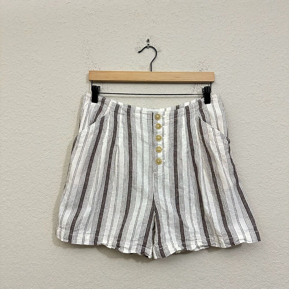 by ANTHROPOLOGIE Linen-Blend Exposed Button-Fly Shorts in Ivory Stripe